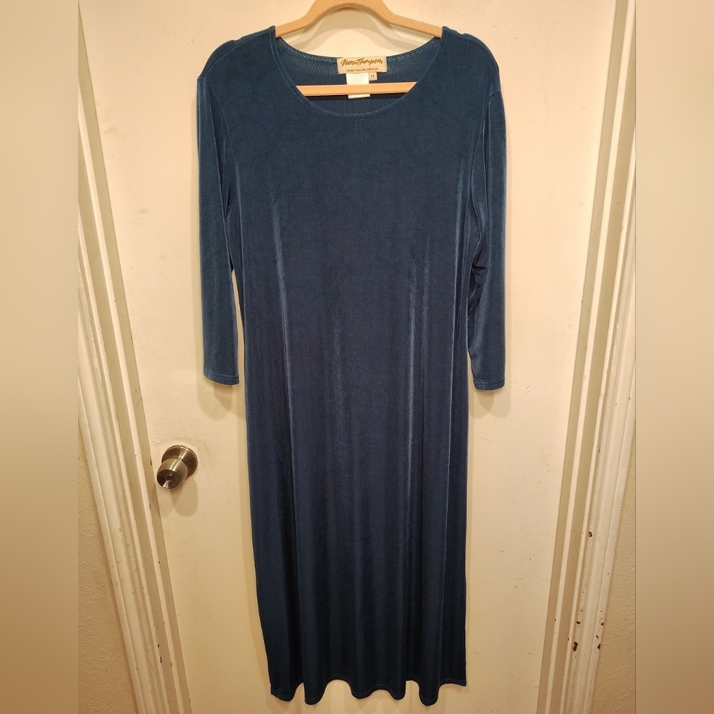 Norm Thompson Women's Teal Blue Slinky Acetate Knit Maxi Shift Dress 1X Travel